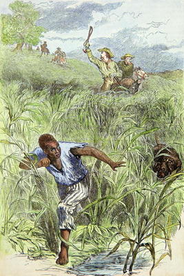 Hunting an escaped slave with dogs (coloured engraving) from American School, (19th century)