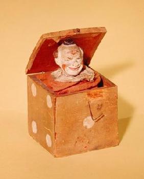 Jack-in-the-box (clown face), 1870-1900 (wood, textile, metal, paint)