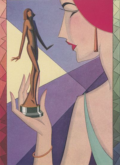 Art Deco Illustration of a Woman with a Golden Statuette from American School, (20th century)