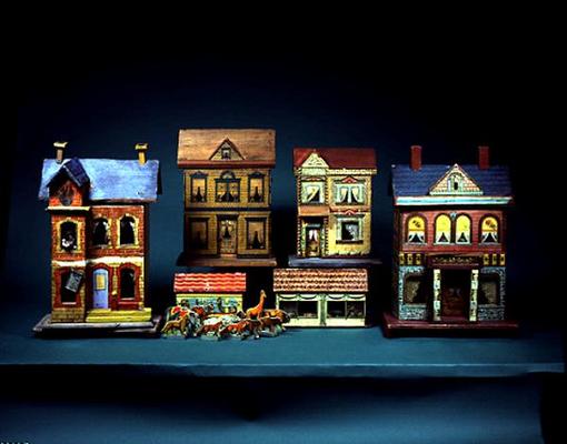 Four Two-Storey Doll's Houses - L-R: Gottschalk Blue Roof Doll's House, c. 1910; Bliss Doll's House from American School, (20th century)