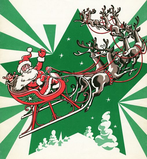 Santa Flying with His Reindeer from American School, (20th century)