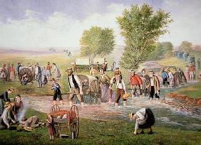 Mormon pioneers pulling handcarts on the long journey to Salt Lake City in 1856 (colour litho)