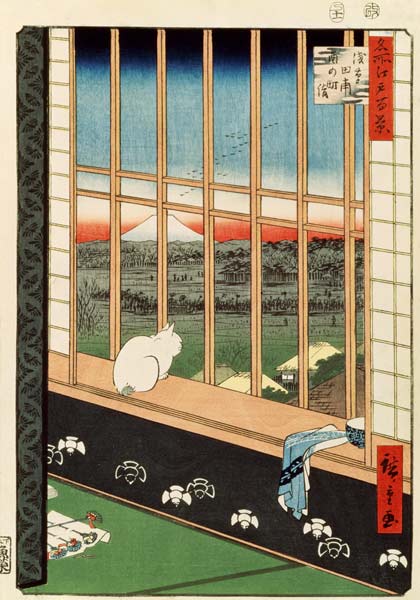 A cat sitting on the window seat from Ando oder Utagawa Hiroshige