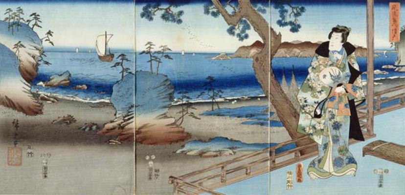 Prince Genji watching at the Suma Beach (triptych) from Ando oder Utagawa Hiroshige