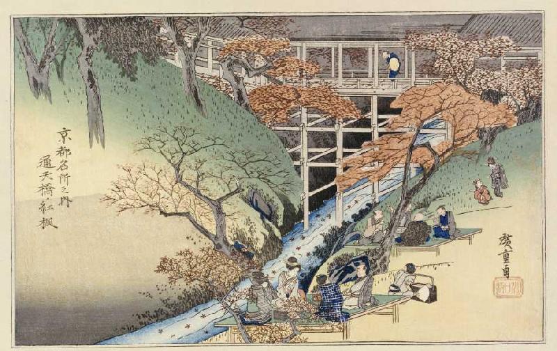 Rote Ahornblätter in Tsuten Bridge. Aus der Serie: Berühmte Orte in Kyoto. from Ando oder Utagawa Hiroshige