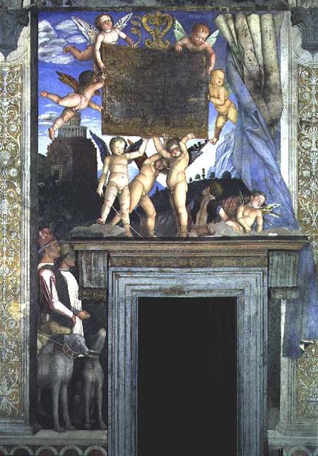 Putti with butterfly wings supporting the dedicatory plaque with hunting dogs and their handlers bel from Andrea Mantegna