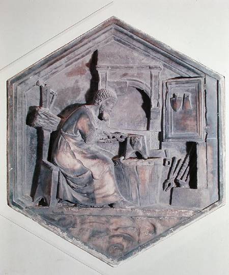 The Art of Forging, hexagonal decorative relief panels from a series depicting the practitioners of from Andrea Pisano