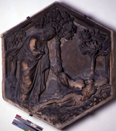 The Creation of Eve, hexagonal decorative relief tile from a series illustrating episodes from Genes from Andrea Pisano