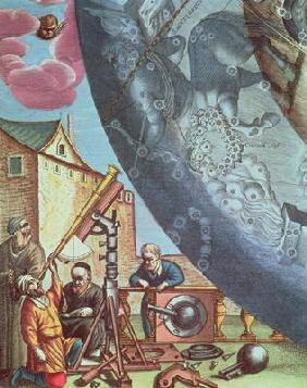 Astronomers looking through a telescope, detail from a map of the constellations from 'The Celestial