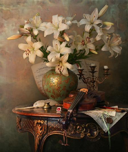 Still life with violin and lilies