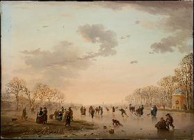 Winter Landscape with Ice Skaters on a River