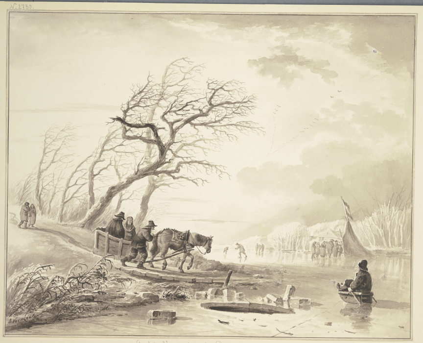 Winterlandschaft, rechts auf dem Eis ein Zelt, links bei einer Baumgruppe ein Schlitten mit einem Pf from Andries Vermeulen