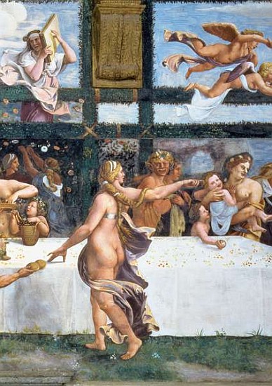 The Rustic Banquet celebrating the marriage of Cupid and Psyche, with the three lunettes above depic from (and workshop) Giulio Romano