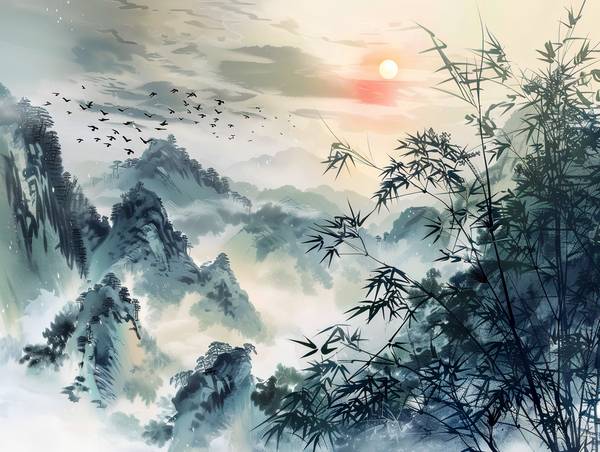 Schwarm Zugvögel fliegt über die Bergwelt Chinas. from Anja Frost