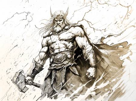 Bleistiftzeichnung von Gott Thor, der seinen mächtigen Hammer, Mjölnir, schwingt, während Blitze den