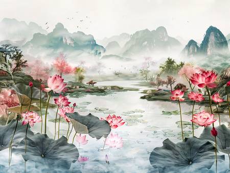 Chinesische Lotosblumen am Teich. Berglandschaft.