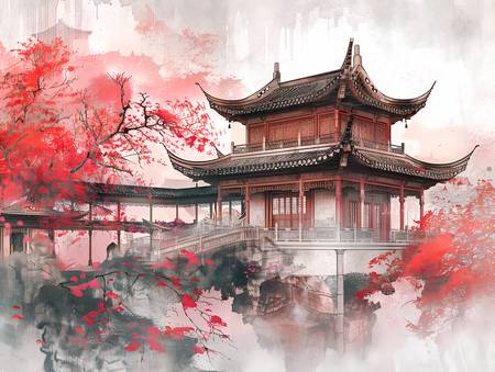 Chinesischer Tempel zur Kirschblüte