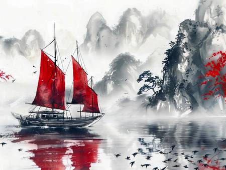 Chinesisches Boot auf dem Meer mit Bergen