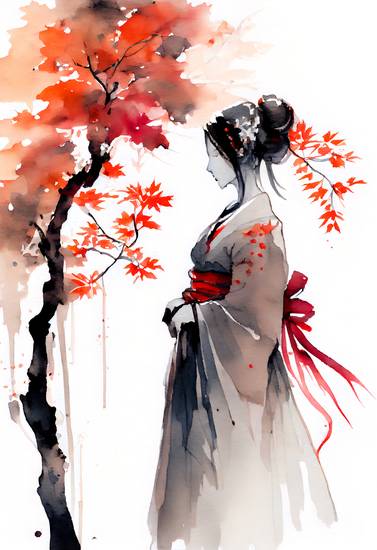 Japanese geisha with autumn maple tree. watercolor
