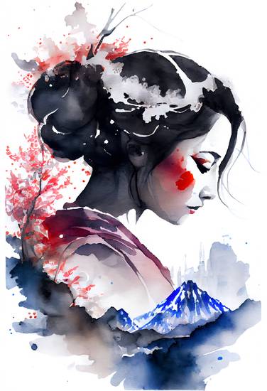  Japanese geisha with sakura cherry blossom branch and Fuji mountain. watercolor