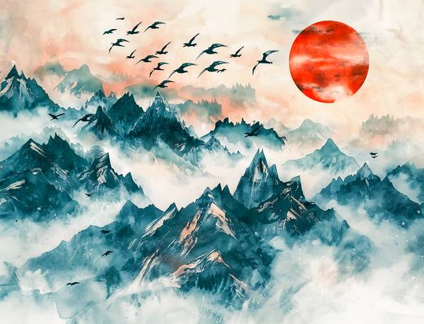 Kraniche fliegen über Chinas Berge der roten Sonne entgegen from Anja Frost