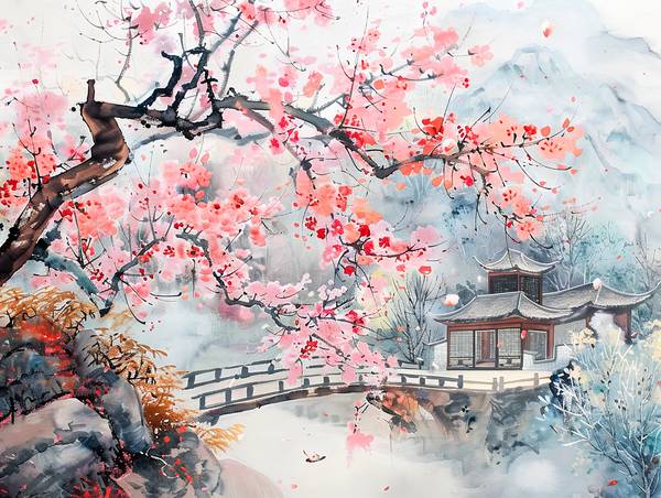 Zeit der Kirschblühte in China mit Tempel und Brücke über das Wasser from Anja Frost
