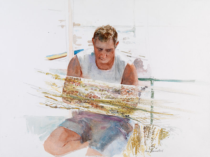 Fisherman mending net from Anne Hannaford 