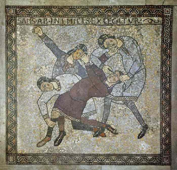 Blendung Samsons, Mosaikfußboden in der Krypta from Anonym Romanisch