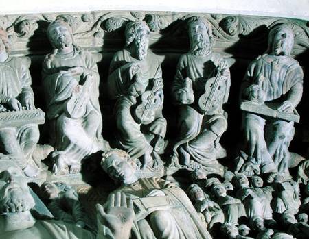 Detail of the Portico de la Gloria depicting musicians from Anonym Romanisch