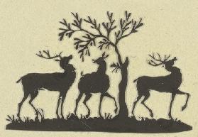 Zwei männliche Hirsche und eine Hirschkuh unter einem Baum