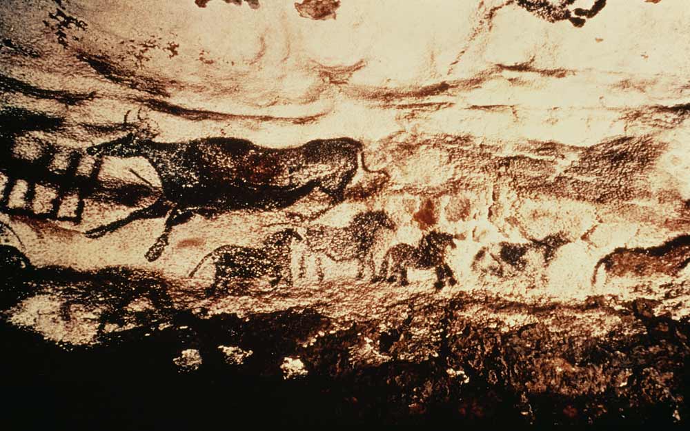 Rock painting of a leaping cow and a frieze of small horses from Anonymous painter