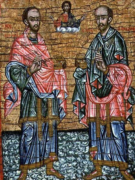 St. Cosmas and St. Damian, patron saints of doctors,Cretan icon from Anonymous painter