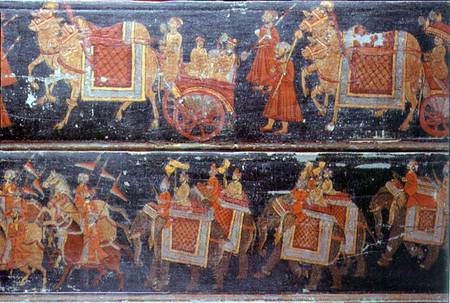 Detail from two painted wood panels depicting processions with soldiers, carriages, oxen and elephan from Anonymous painter