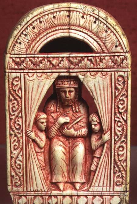 King chess piece, showing an enthroned figure in a curtained alcove with two attendants,Italian from Anonymous painter