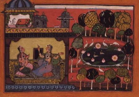 Two ladies converse in a palace seated on carpets, the palace gardens display flowering trees, a a l from Anonymous painter