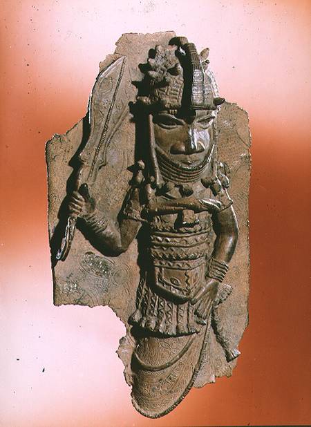 Plaque depicting the royal god Oba holding the eben sword in his right hand, dancing to honour his a from Anonymous painter