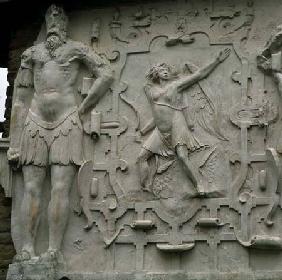 Gog, one of the legendary forces of evil and Eros, the god of love,decorating the chimney-piece in t