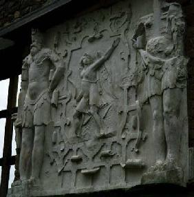 Gog and Magog, the legendary forces of evil and Eros, the god of love,decorating the chimney-piece o