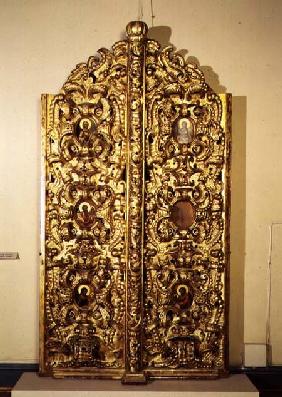 Royal Gates, double-folding altar doors on an iconostasis, decorated with small painted icons, Russi