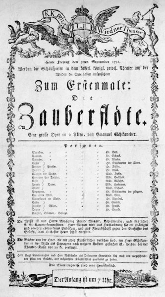 Poster advertising the premiere of 'The Magic Flute' by Wolfgang Amadeus Mozart at the Freihaustheat from Anonymus