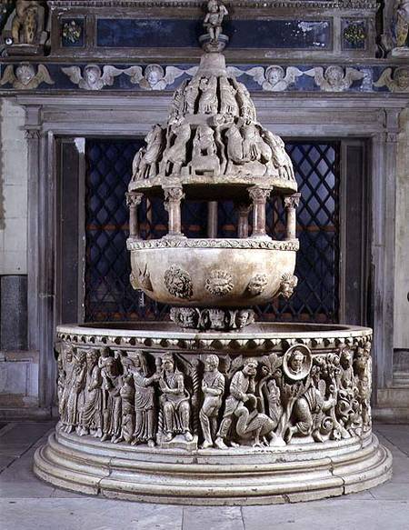Font in the form of a fountain covered by a tempietto and with carved reliefs depicting the Story of from Anonymus