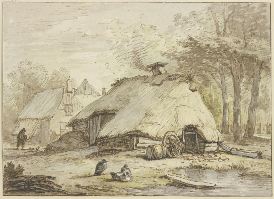 Drei Hütten unter Bäumen, im Vordergrund drei sitzende Enten from Anthonie van Borssom