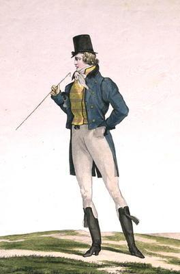 A Dandy in a Robinson hat, with childlike curls, knitted trousers, and riding boots, plate 5 in the