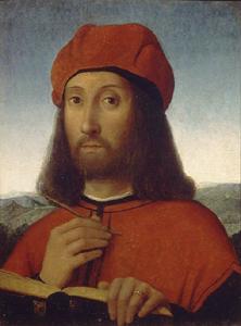 Bildnis eines Mannes in rotem Gewand.