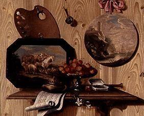 Trompe l ' Oeil: Bowl with cherries, tin, sheet of music, pallet and two pictures