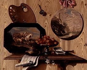 Trompe l ' Oeil: Bowl with cherries, tin, sheet of music, pallet and two pictures from Antonio Mara