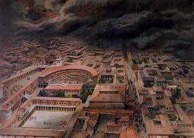 The Eruption of Vesuvius at Pompeii in 79 AD (colour litho)