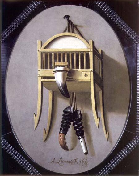 Trompe L'Oeil with a fowler's bird cage and whistle from Antonius Leemans