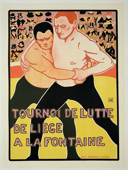 Reproduction of a poster advertising a wrestling tournament, at The Fountain, Liege, Belgium from Armand Rossenfosse