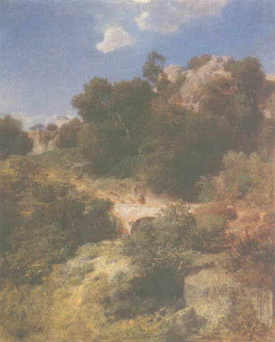 Rocky hilly scenery with bridge from Arnold Böcklin